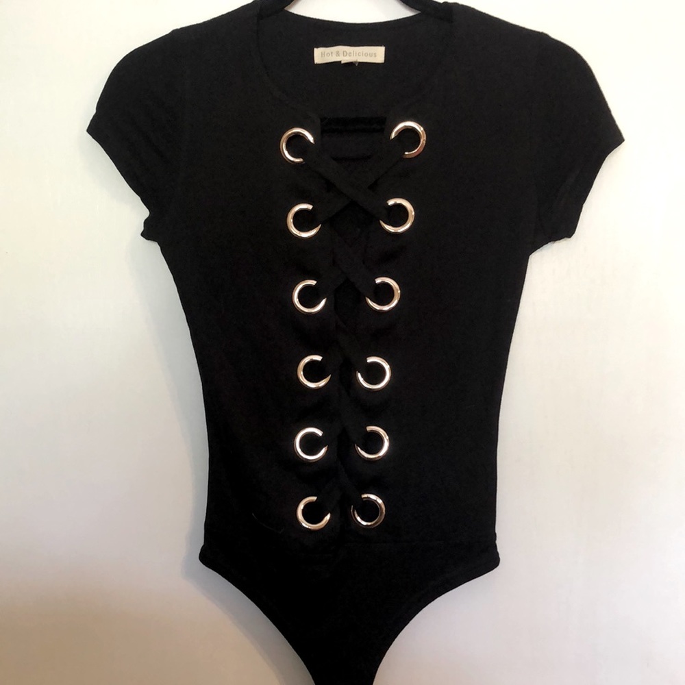 Cris-cross Bodysuit with gold rings